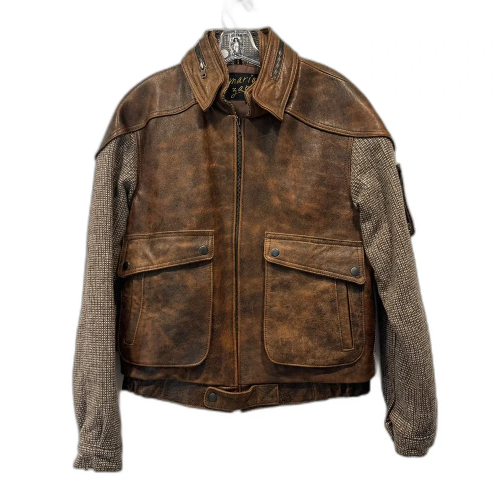 Vintage Mario Zarelli Leather Jacket Distressed Wool Bomber Brown Mens 38 Medium